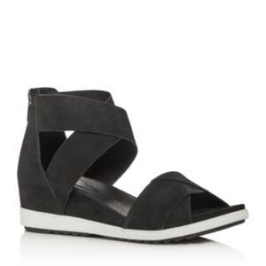 Eileen Fisher black leather Viv Criss Cross Wedge Sandals back zip shoes 11